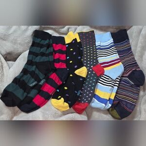 Lot of 6 Pairs Casual Dress Crew Socks - Patterned & Striped Unisex Size 8-10